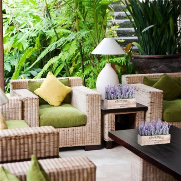 2Pcs Purple Faux Lavender Flowers with Small Wooden Box Plant Pot 5" - Picture 4 of 6